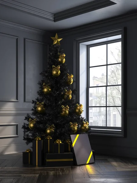 Interior with christmas tree and gift boxes 3d illustration — Stock Photo, Image