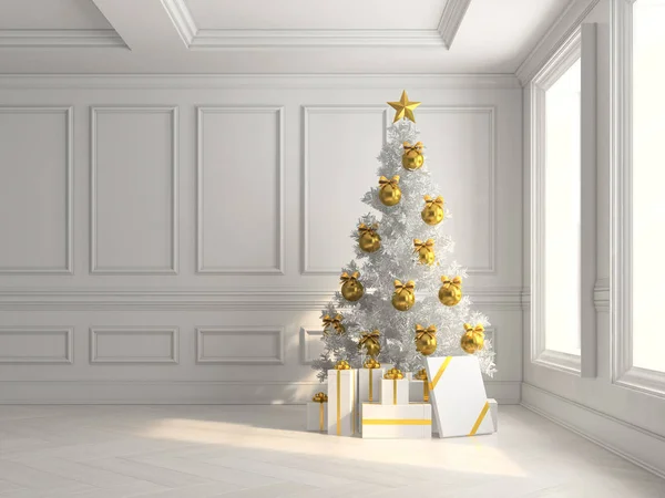 Interior with christmas tree and gift boxes 3d illustration — Stock Photo, Image