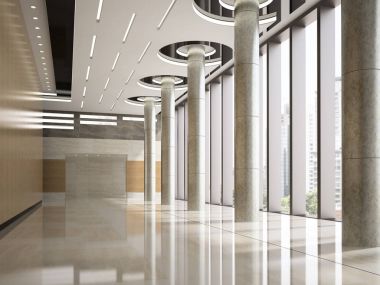 Bir lobi otel Resepsiyon 3d illüstrasyon iç