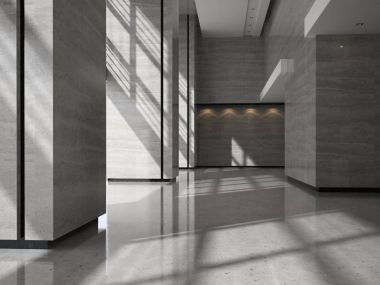 Bir lobi otel Resepsiyon 3d illüstrasyon iç