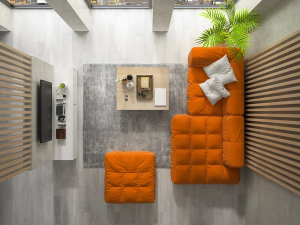 İç modern tasarım Oda 3d boyut üst görünüm — Stok fotoğraf