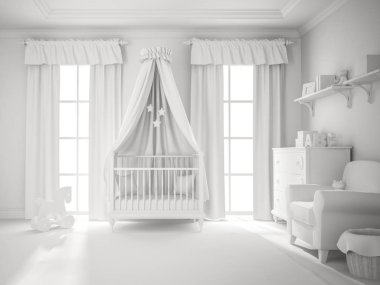 Klasik çocuk beyaz renk 3d render Oda