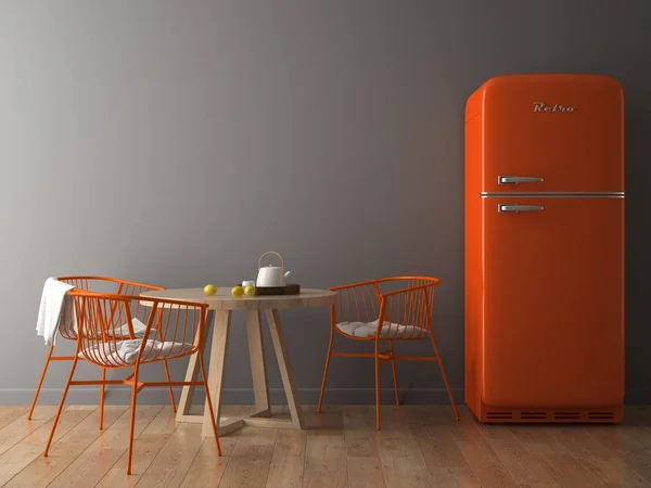 Interieur met oranje koelkast 3d illustratie — Stockfoto