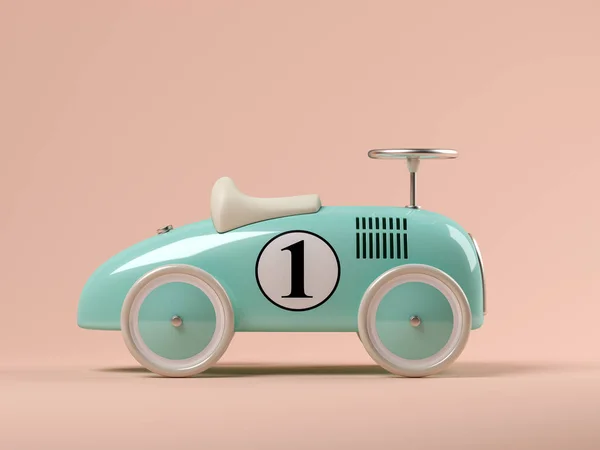 Vintage mavi oyuncak araba pembe arka plan 3d çizim üzerinde — Stok fotoğraf