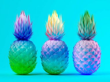 Mavi arka plan 3d render üzerinde çok renkli ananas