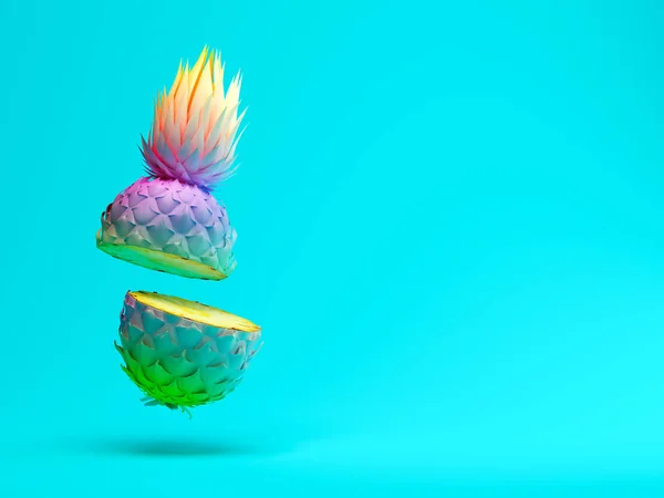 Fetta multicolore ananas su sfondo blu rendering 3D — Foto Stock