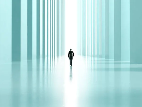 Одинокий человек ходит по коридору с колоннами на свет 3D рендеринга — стоковое фото