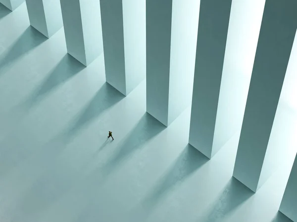 Un uomo solitario camminare per il corridoio con colonne alla luce rendering 3D — Foto Stock