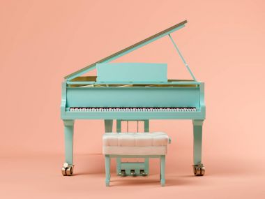 Mavi kuyruklu piyano pembe arka plan 3d çizim üzerinde