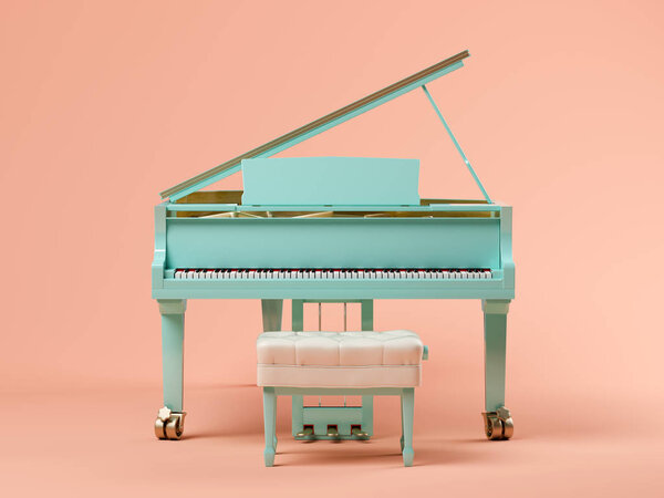 Blue grand piano on pink background 3D illustration