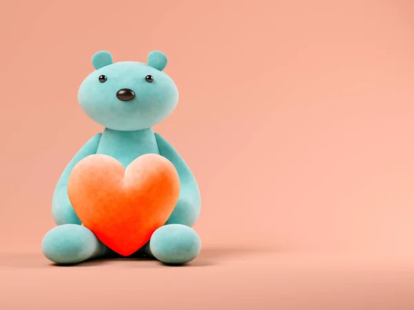 Blue toy bear with heart on pink background 3D illustration — Stock Photo, Image