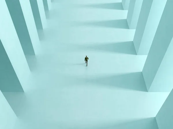 Un homme seul marche dans le couloir avec des colonnes à la lumière rendu 3D — Photo