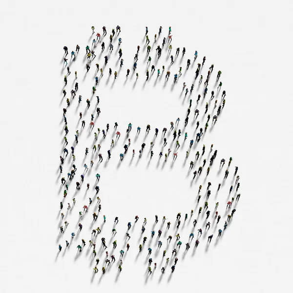 Grupo de personas que forman el signo de bitcoin representación 3D — Foto de Stock