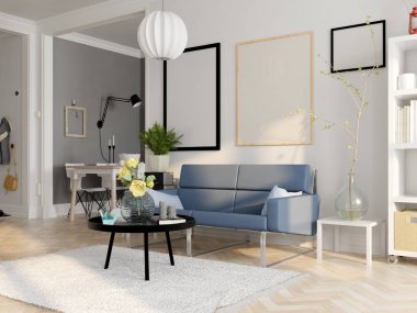 İskandinav tarzı iç tasarım 3d render