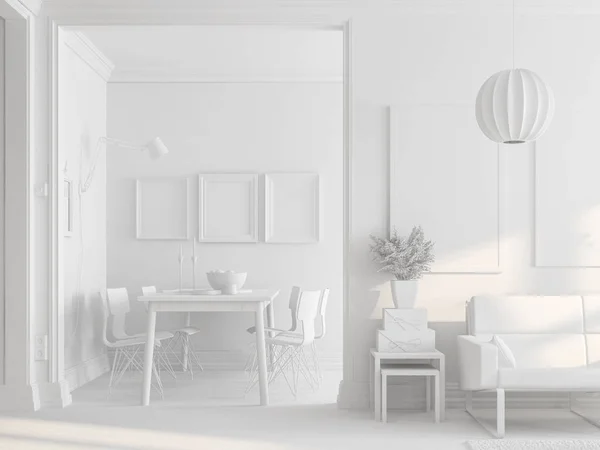 White Scandinavian style interior design 3D rendering
