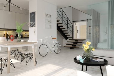 İskandinav tarzı iç tasarım 3d render