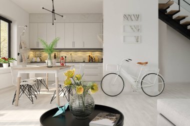 İskandinav tarzı iç tasarım 3d render