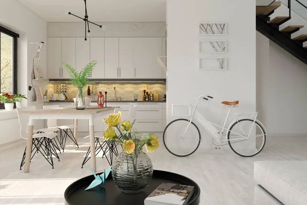 Diseño de interiores de estilo escandinavo Representación 3D — Foto de Stock