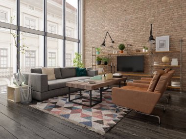Loft tarzı iç tasarım 3d render