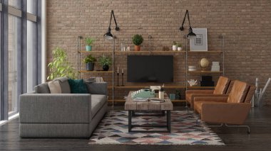 Loft tarzı iç tasarım 3d render