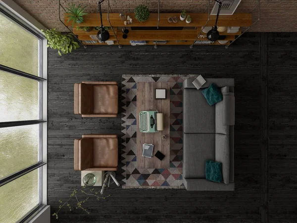 Loft tarzı iç tasarım 3d render — Stok fotoğraf