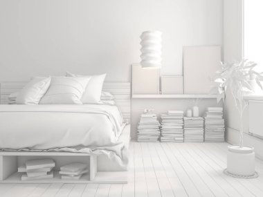 Beyaz yatak odası iç tasarım 3d render