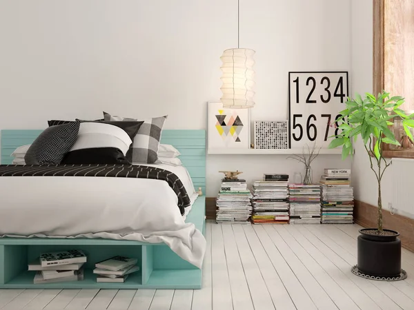Diseño interior dormitorio 3D renderizado — Foto de Stock