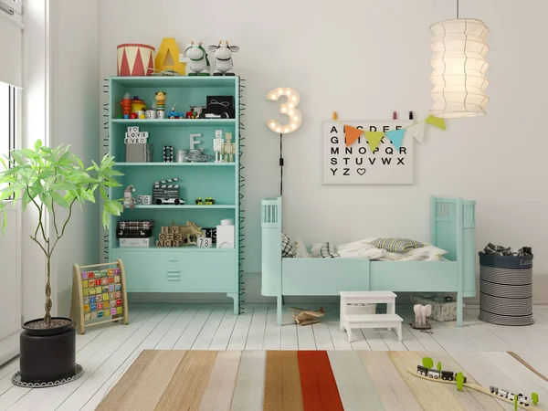 Dzieci pokój skandynawski styl renderowania 3d — Zdjęcie stockowe