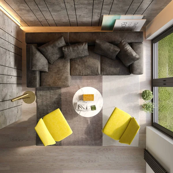 Modern oturma odası üst görünümü 3d render Iç — Stok fotoğraf