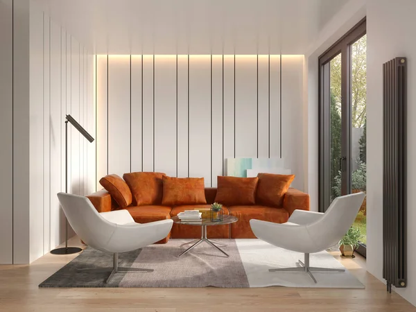 Interior da moderna sala de estar 3D renderização — Fotografia de Stock