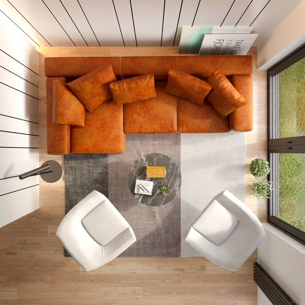 Belső tér a modern nappaliban felülnézet 3D renderelés — Stock Fotó