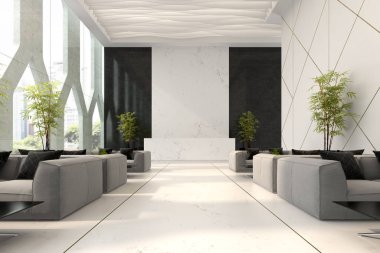 Otel ve kaplıca resepsiyonu 3D illüstrasyon