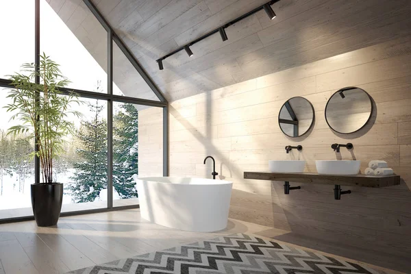 Banheiro interior de uma casa de floresta 3D renderização — Fotografia de Stock