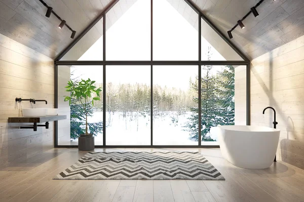 Wnętrze łazienki domu leśnego 3d rendering — Zdjęcie stockowe