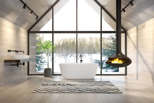 Interior bathroom of a forest house 3D rendering
