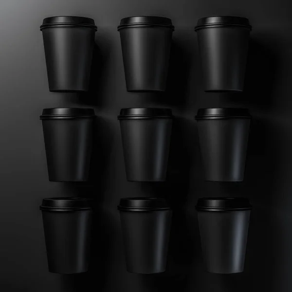 Black coffee cups on black background 3D illustration — Stock Photo, Image