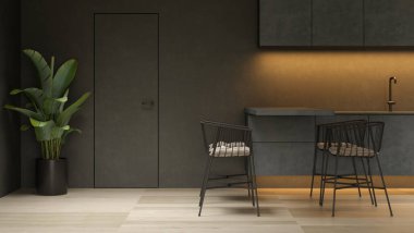 Black minimalist Interior of modern living room 3D rendering