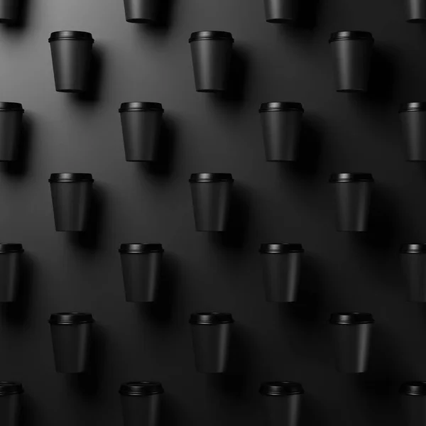 Zwarte koffiebekers op zwarte achtergrond 3d illustratie — Stockfoto