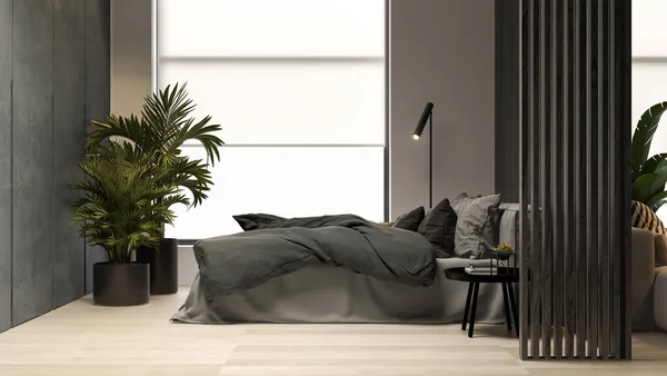 Preto minimalista Interior da moderna sala de estar 3D renderização — Fotografia de Stock