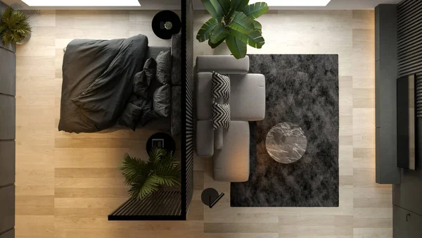 Top view Black minimalist Interior of modern living room 3D rendering — Φωτογραφία Αρχείου