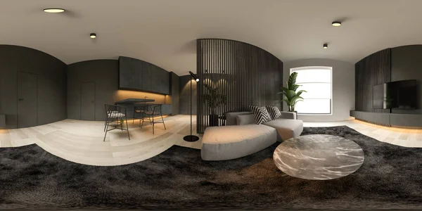 360 panorana minimalista negro Interior de la moderna sala de estar 3D renderizado —  Fotos de Stock