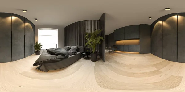 360 panorana minimalista negro Interior de la moderna sala de estar 3D renderizado —  Fotos de Stock