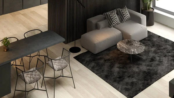 Hoek uitzicht zwart minimalistisch Interieur van moderne woonkamer 3d rendering — Stockfoto
