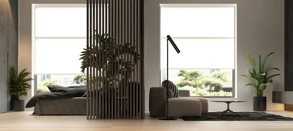Preto minimalista Interior da moderna sala de estar 3D renderização — Fotografia de Stock