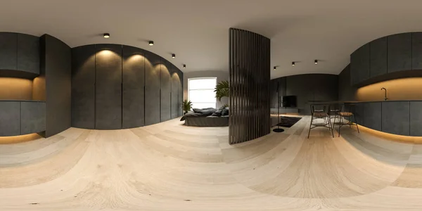 360 panorana siyah minimalist modern oturma odası 3D görüntüleme — Stok fotoğraf