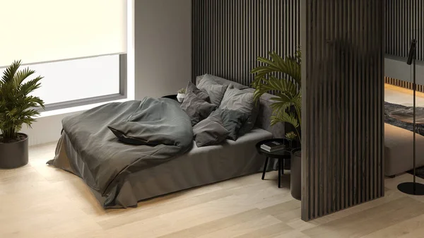 Vista en ángulo minimalista negro Interior de la sala de estar moderna Representación 3D — Foto de Stock
