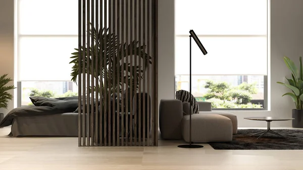 Negro minimalista Interior de la sala de estar moderna 3D renderizado — Foto de Stock