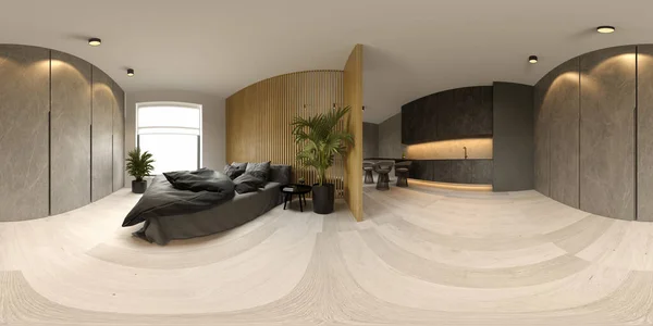 现代客厅3D渲染360幅全景简约内饰 — 图库照片