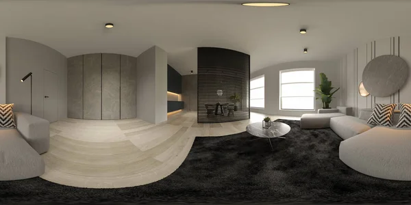 360 panorámica minimalista Interior de la moderna sala de estar 3D renderizado — Foto de Stock