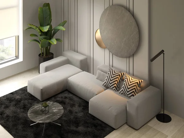 Minimalista Interior da moderna sala de estar 3D renderização — Fotografia de Stock